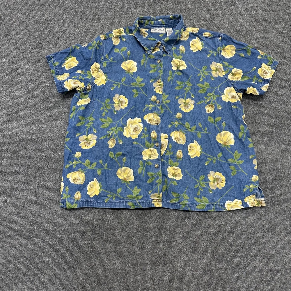 Cabin Creek Shirt Womens 22W Blue Floral Cotton Short Sleeve Button Down Casual